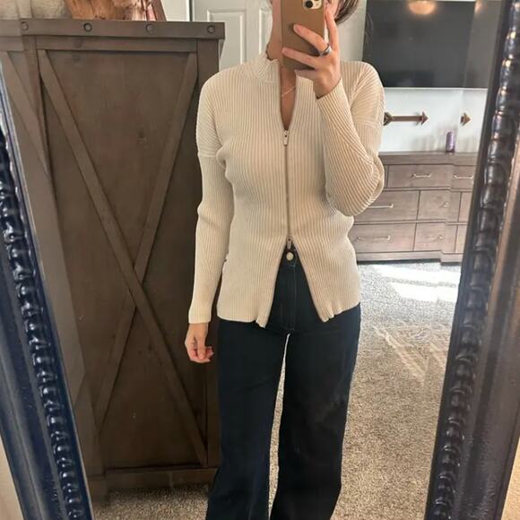 A.L.C. White Ribbed Knit Full Zip Sweater LARGE Work Quiet Luxury Designer $500 - Picture 3 of 14